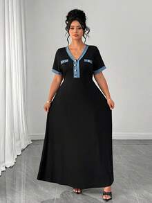 SHEIN CURVE+ Plus Size Women's Knitted Ribbed Fabric Long Dress, Short Sleeve Sexy Slim Fit Button Elegant Party Dress - Black - View 5