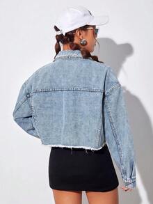 Jeanoix Plus Size Fashion Single-Breasted Frayed Pocket Cropped Denim Jacket - Light Wash - View 2