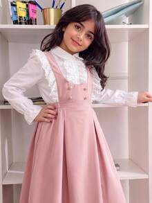 SHEIN Girls Arabic Elegant Princess School Uniform Ruffle Lace Blouse & Dress,Back-To-School,Cute,Vacation - Pink - View 3