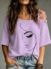 SHEIN 肖像图案印花不对称领口休闲 T 恤图案 T 恤女式上衣 - 淡紫色 - 查看 1