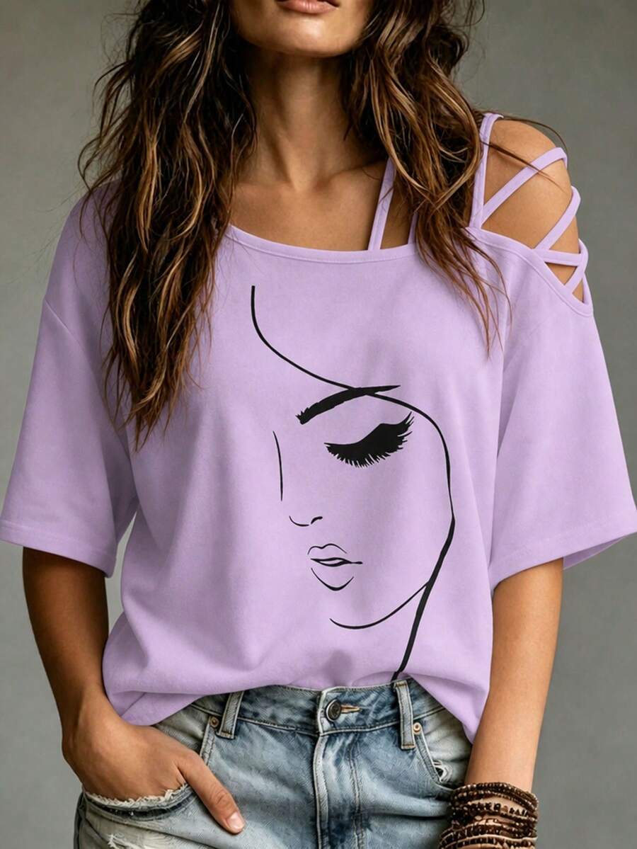 SHEIN 肖像图案印花不对称领口休闲 T 恤图案 T 恤女式上衣 - 淡紫色 - 查看 1