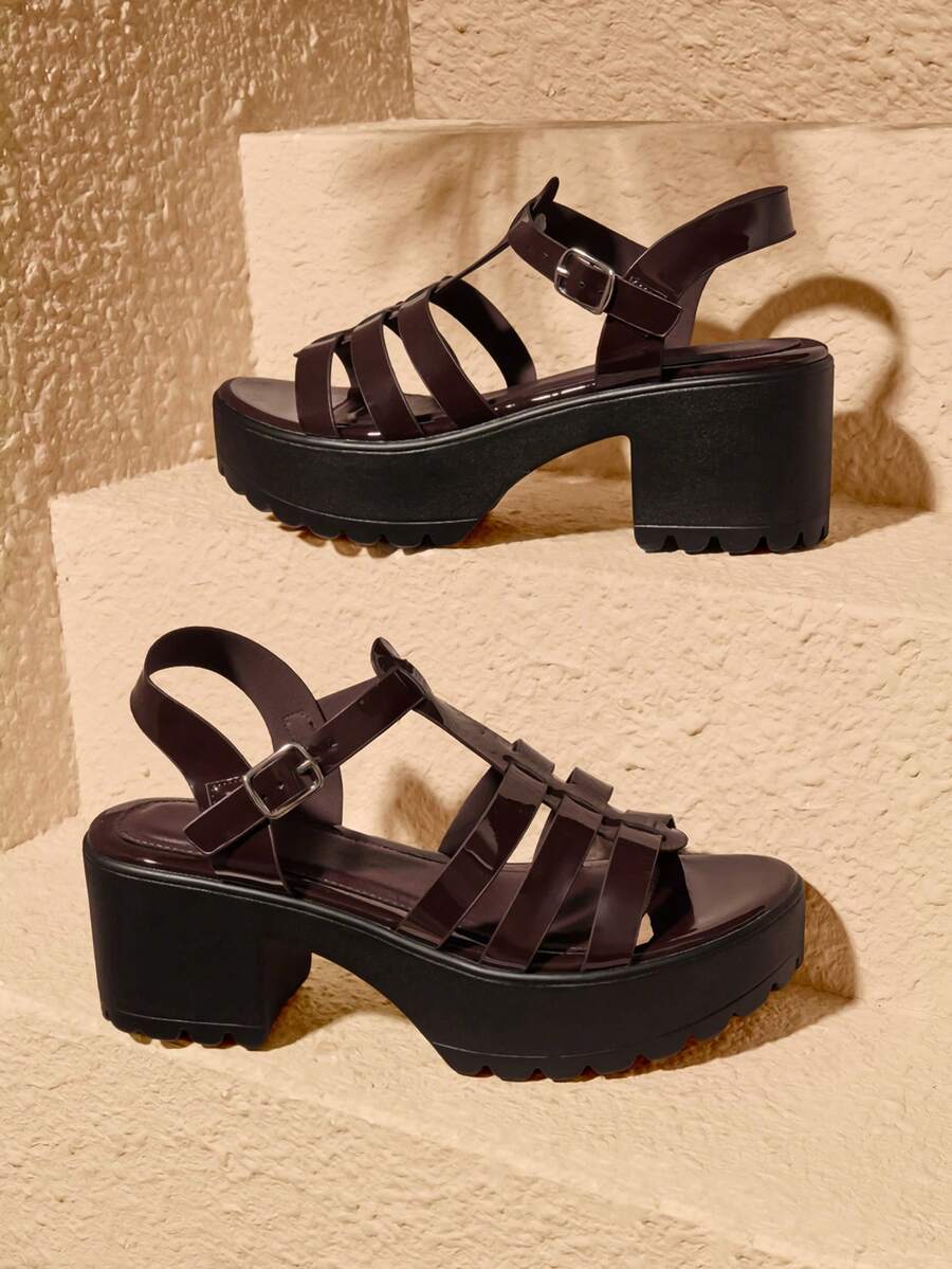 HighSole Women's Fashion High Heel Strap Sandals Simple Fashion Casual Daily - Coffee Brown Mirror - View 1