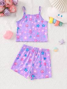 SHEIN 女童卡通印花細肩帶上衣與短褲居家服套裝 - 紫色 - 查看 3