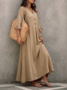 Linhara CURVE Women's Plus Size Notch V-Neck Mid-Length Sleeve Ruffle Design Long Dress, Spring Summer Autumn Winter Fall - Apricot - View 6