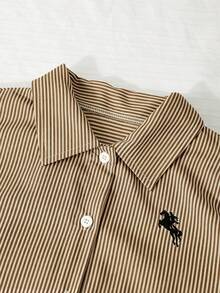 SHEIN 3件套 黃色長袖條紋數位印花襯衫、黑色長褲、細肩帶背心，適合春夏戶外穿著 - 彩色 - 查看 5