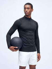 Nelvento Soul Men's Winter Plain Black Athleisure Gym Half-Zip Long Sleeve T-Shirt,Lightweight Breathable Fitted Compression Workout Tops,Sports Casual Running Tees - Black - View 6