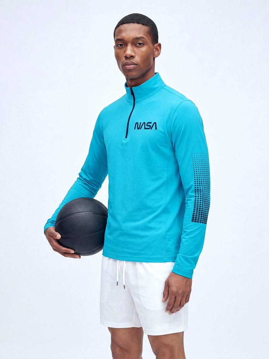 Nelvento Soul Manfinity Fitness 男士字母圖案 1/4 拉鍊運動夾克 健身上衣 開學季運動上衣 秋季透氣運動夾克,輕量,健身房 - 水鴨藍 - 查看 1