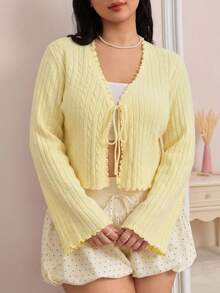 CovetEZ Plus Size Women Solid Color Casual Cute Kawaii Versatile Daily Wear Cardigan Back-To-School Office Formal Yellow Summer - Light Yellow - View 4