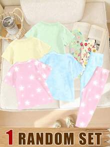 Caja Ciega Juego Aleatorio, Conjunto de Camiseta Corta Básica y Leggings con Estampado Gráfico de Niña de Cabello Largo con Estrella Blanca Kawaii Linda y Creativa de Moda para Niñas, Estilos Cómodos de Verano y Otoño, Adecuado para Niñas en Todas las Estaciones - Multicolor - Ver 2