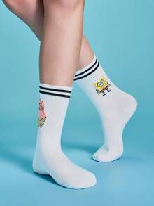 SpongeBob SquarePants | SHEIN 1 Pair Of Comfortable And Cute Cartoon Pattern Tube Socks - Black and White - View 6