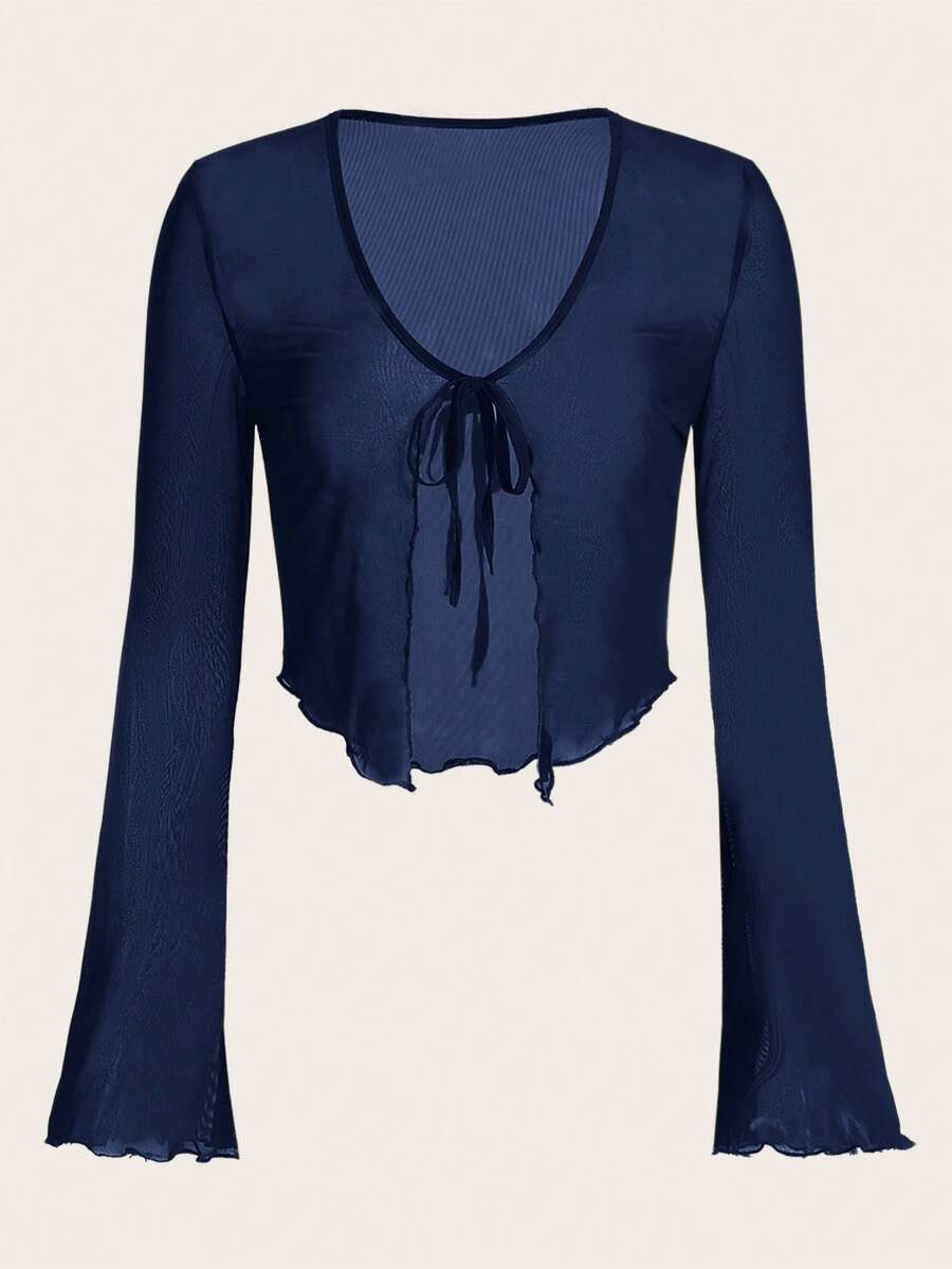 SHEIN ICON Solid Color Lace-Up Casual Mesh Women's Top With Flare Sleeves - Navy Blue - View 1