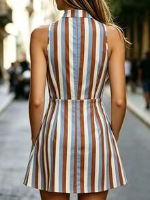 Trelyra Women's Striped Cutout V-Neck Pocket Casual Sleeveless Mini Dress - Multicolor - View 2