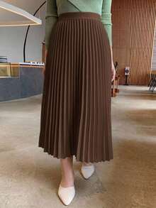 Dazy Plus Rok Lipit Elegan Warna Polos untuk Musim Semi/Panas, Rok Cokelat Serbaguna - Coklat - View 1