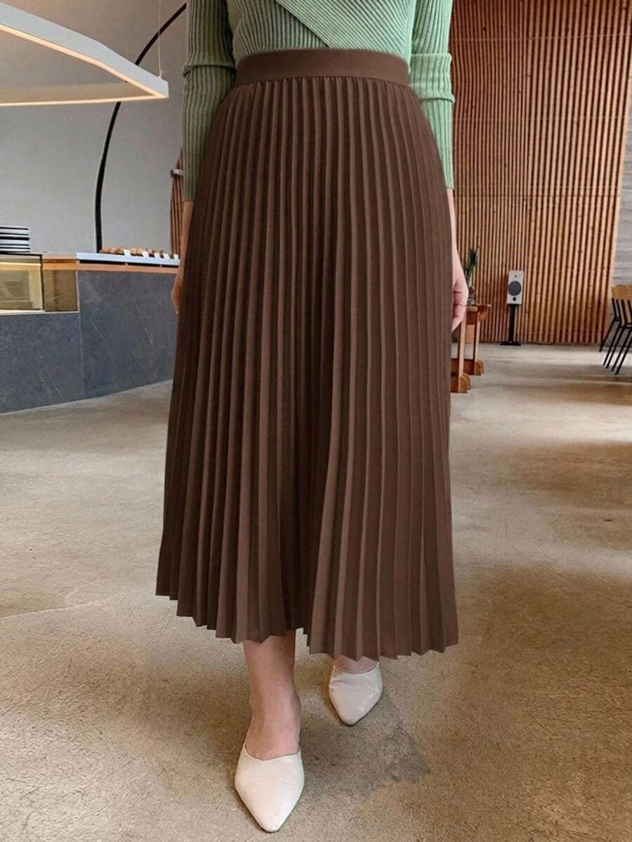 Dazy Plus Rok Lipit Elegan Warna Polos untuk Musim Semi/Panas, Rok Cokelat Serbaguna - Coklat - View 1