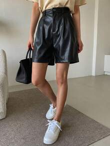 DAZY Fashionable Versatile Solid Color Wide Leg Mid-Length Pants - Black - View 6
