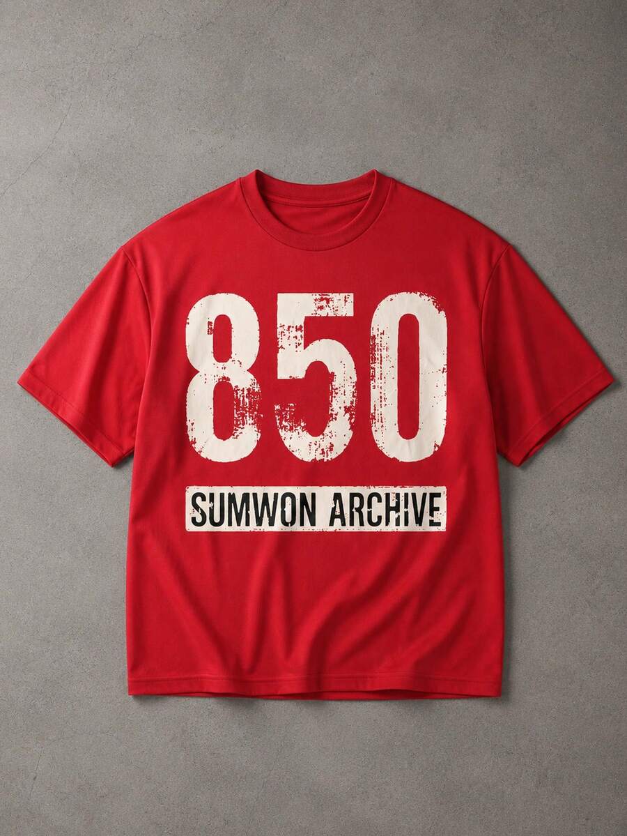 SUMWON تي شيرت صيفي ستريت وير بقصة بوكسي فضفاضة وقصيرة، ياقة دائرية وأكمام قصيرة، بطبعة رقمية جرافيك، Archive 850 - الأحمر - مشاهدة 1
