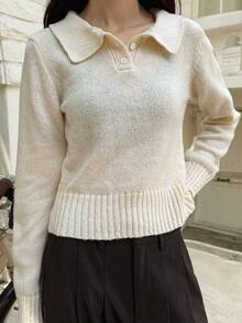 DAZY Sweater Rajut Wanita Lengan Panjang Warna Beige Polos, Potongan Ramping, Minimalis, Elegan - Krem - View 5