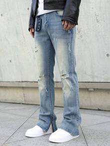 Manfinity Roghcode Men's Light Blue Distressed Horseshoe Jeans Slim Fit Stretch Long Pants Vacation Summer Street Wear - Light Wash - View 4