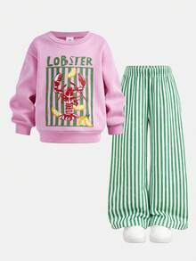 SHEIN 女童小女孩秋季時尚度假風休閒極簡蝦圖案印花柔軟圓領長袖套頭運動衫 + 綠色條紋鬆緊腰長褲 2件套 秋冬返校穿搭 - 粉色 - 查看 7