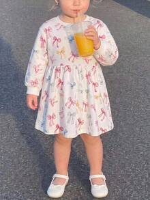 THE HAPPY LOOK Young Girl Bow Knit Soft Round Neck Long Sleeve Waist Cinched Dress - Multicolor - View 1