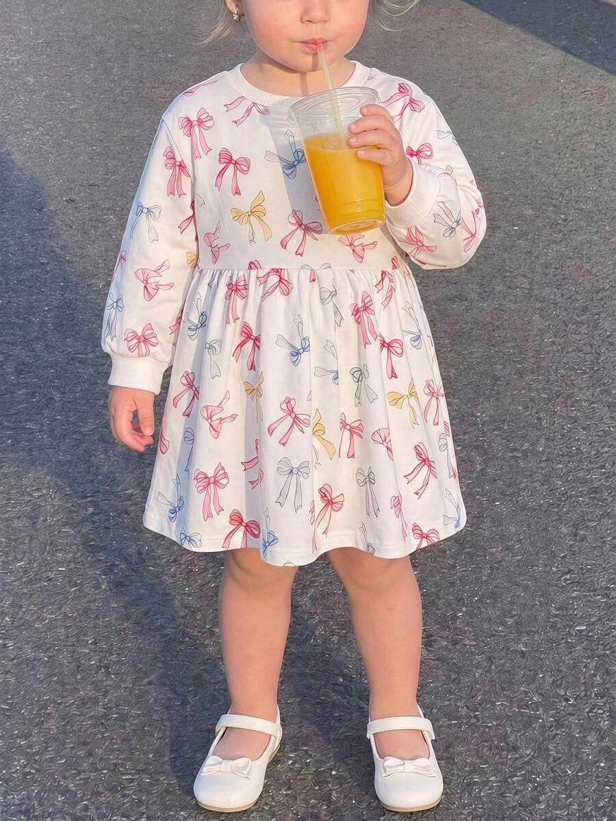 THE HAPPY LOOK Young Girl Bow Knit Soft Round Neck Long Sleeve Waist Cinched Dress - Multicolor - View 1