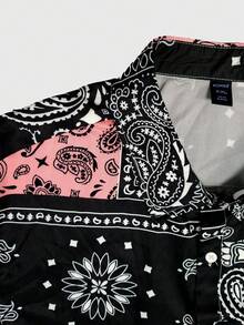ROMWE MEN Street Life Men's Plus Size Colorblock Patchwork Cashew Flower Print Shirt - Black - View 4