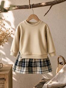 Emery Rose Kids Emery Rose Kids 女童拼接格紋可愛休閒春秋冬季運動衫洋裝 - 卡其色 - 查看 5