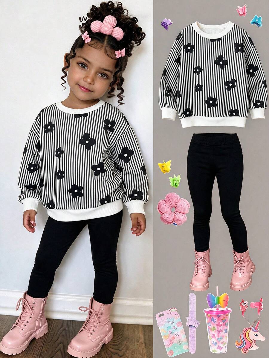 SHEIN Young Girl Striped Floral Pattern Long Sleeve Sweatshirt And Pants Casual Daily Set - Black - View 1