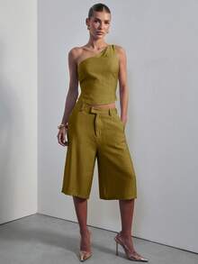 Hauture Atasan Linen Wanita Mini Satu Bahu Bersih dengan Celana Pendek Panjang Denim Linen yang Serasi, Pakaian Kantor Seksi - Olive Green - View 4