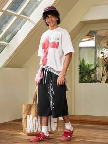 Whitmere Men's Casual 3/4 Length Shorts, Suitable For Spring, Summer And Autumn, Sporty Style, Knitted Fabric, Suitable For Campus, Skateboarding, Daily Wear - Pure Black - View 3