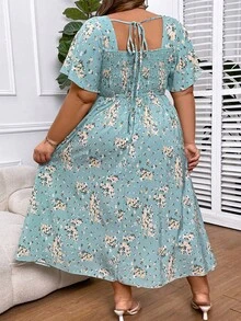SHEIN CURVE+ Plus Size Floral Print Empire Waist Long Dress, For Summer - Blue - View 2
