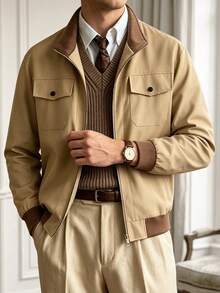 Core Aspect Men's Casual Daily Wear Top, Zipper Long Sleeve Jacket, Autumn Style - Khaki - View 1