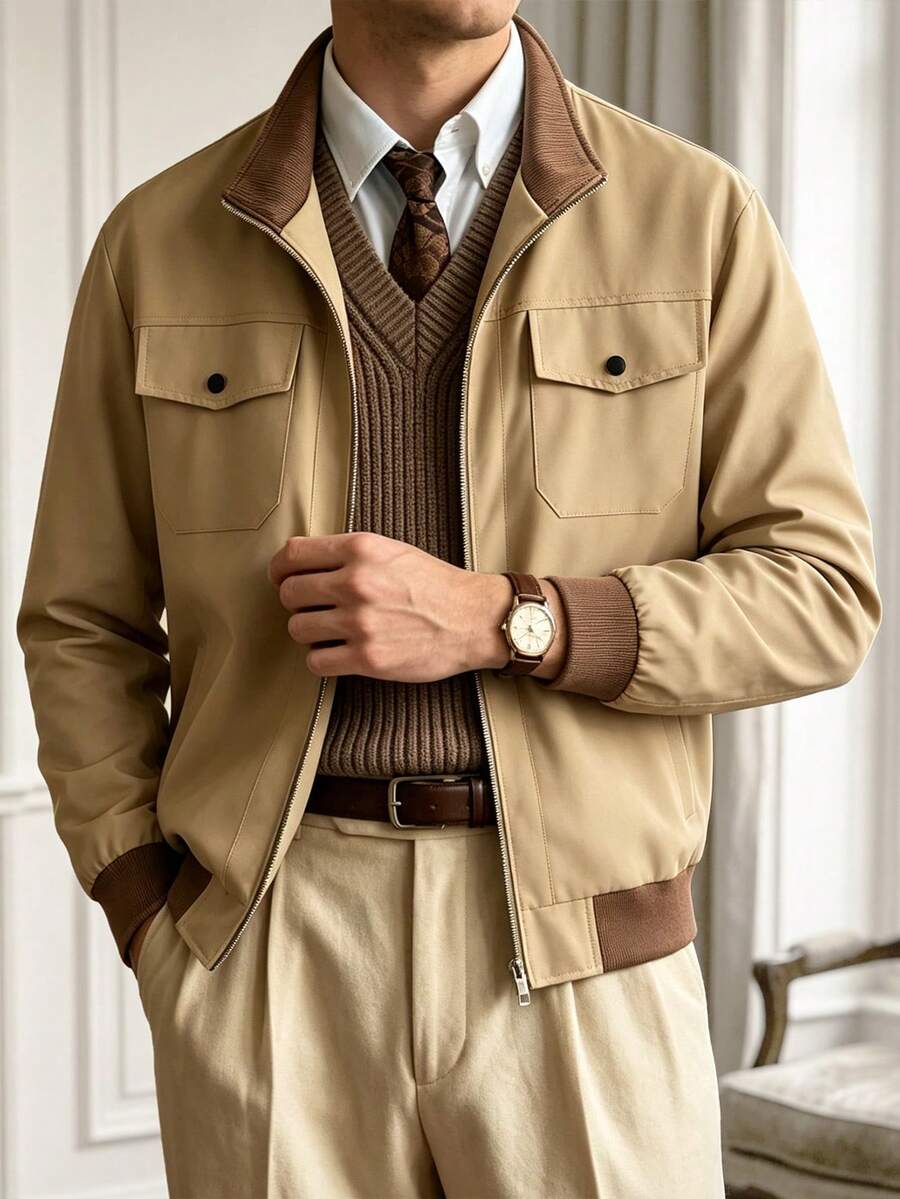 Core Aspect Men's Casual Daily Wear Top, Zipper Long Sleeve Jacket, Autumn Style - Khaki - View 1