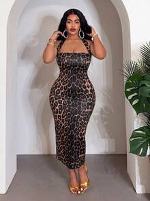 Veslaya New Summer/Autumn Plus Size Women's Sleeveless Halter Fitting Long Dress/Elegant/Party/Vacation/Festival/Holiday/Casual/Concert/Boho/Leopard Print - Multicolor - View 4