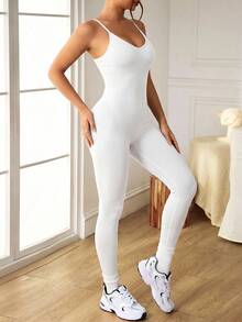 SHEIN Velisys 2件組女款運動連身褲，U領、露背、可調式肩帶、純色、羅紋、緊身、無縫，適合跑步、瑜珈、健身、運動，提臀長褲 - Pearl White - 查看 5