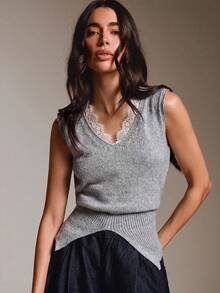 COSMINA Women's Casual Elegant Lace Collar Trim Knit Vest Everyday Work Homewear Grey Autumn - Grey - View 4