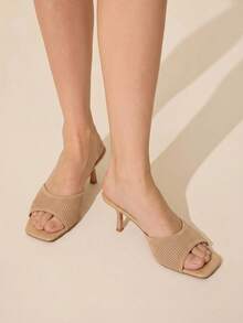 CUCCOO BASICS Women's Classic Fabric Mules High Heel Sandals - Apricot stripes - View 2