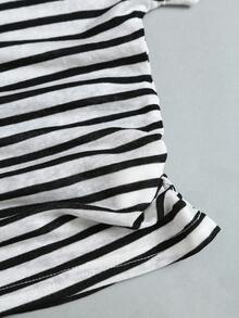 Sweetra 女款夏季度假風不對稱肩條紋不對稱剪裁露背透視背心T恤 - 黑與白 - 查看 5