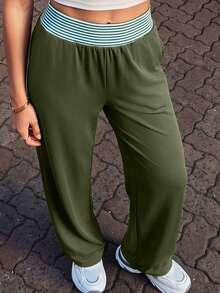 Pariaura Women's Waist Patchwork Olive Green Loose Straight Leg Sports Athleisure Modest Pants Formal Workout Summer - Green - View 4