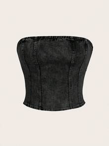 SHEIN MOD 女款時尚休閒抹胸塑形牛仔上衣 - 黑色 - 查看 1