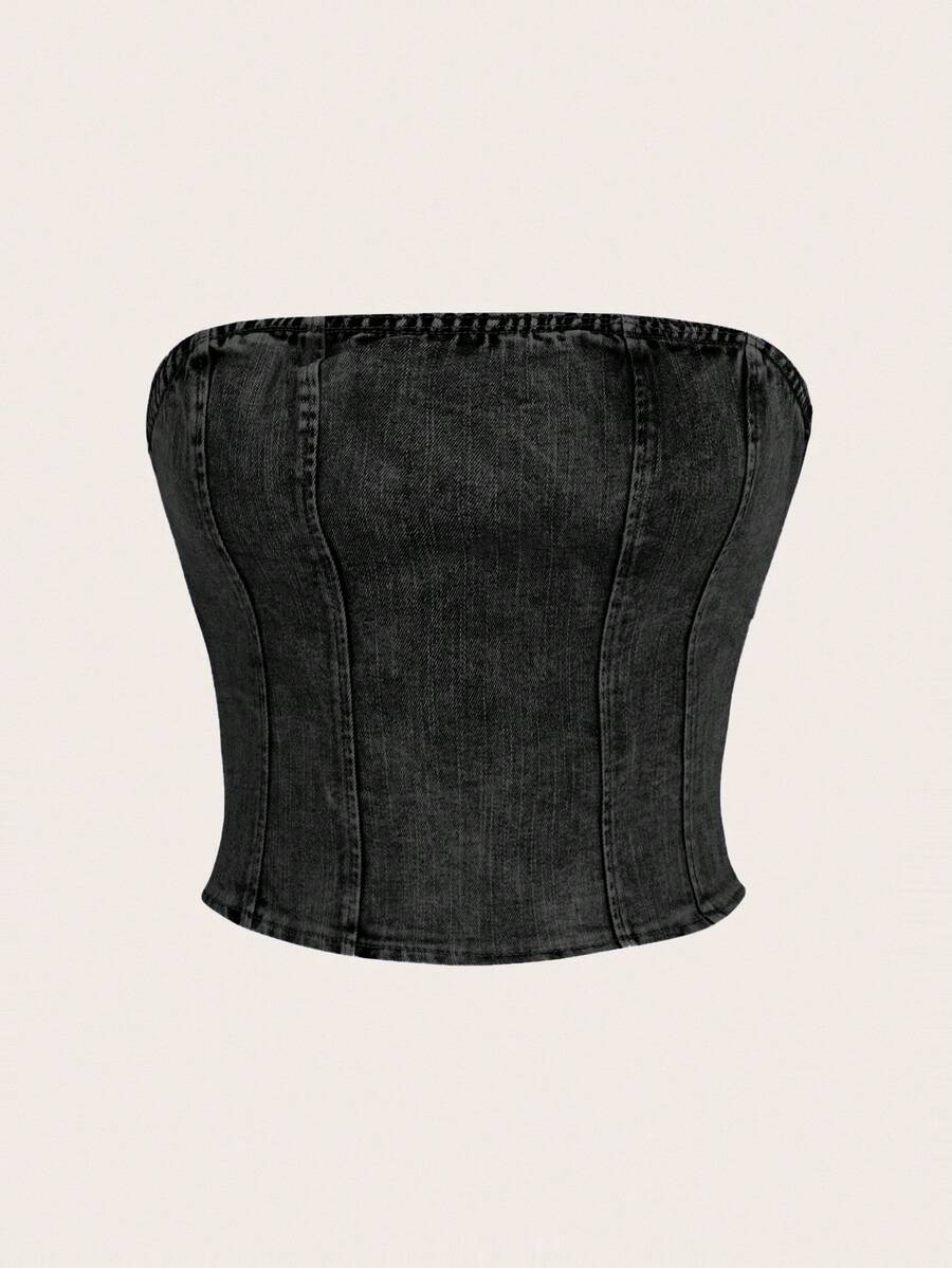 SHEIN MOD 女款時尚休閒抹胸塑形牛仔上衣 - 黑色 - 查看 1