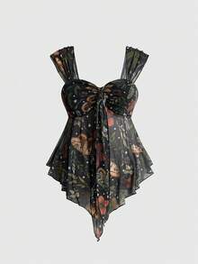 ROMWE Avant Top Y2K estilo hippie salvaje con estampado de leopardo y patrón paisley, malla, dobladillo suelto y cuello cuadrado - Negro - Ver 1