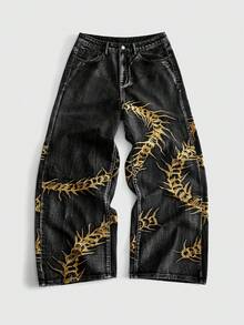 ROMWE MEN Street Life 男士蜈蚣刺繡圖案口袋鈕扣休閒日常牛仔褲 - 黑色 - 查看 1