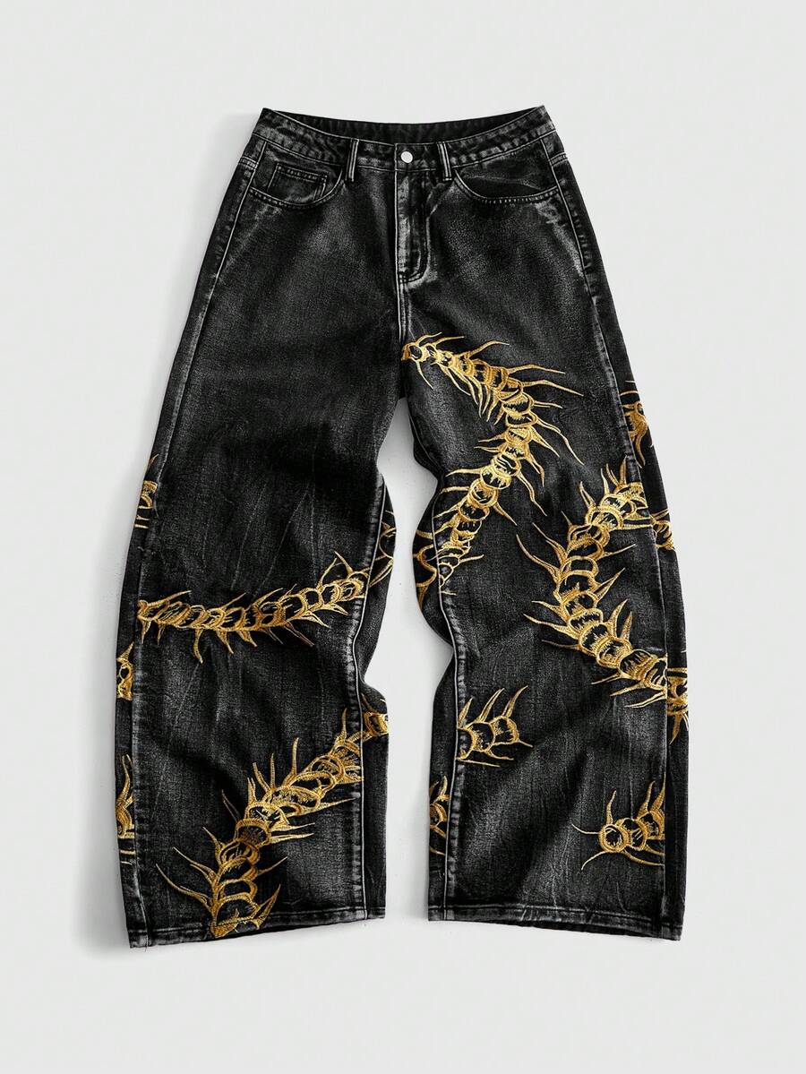 ROMWE MEN Street Life 男士蜈蚣刺繡圖案口袋鈕扣休閒日常牛仔褲 - 黑色 - 查看 1
