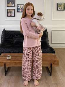DAZY Tween Girl Round Neck Long Sleeve Pocket Top And Leopard Print Pants Loungewear - Baby Pink - View 5