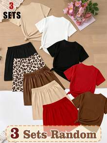 SHEIN Sparklyn (3 Random Item From 5) Summer Girl's Big Boy Grid Ripple Dot Leopard Pattern Love Pattern Printed Basic Short T+Shorts Set Six Piece Set - Multicolor - View 2