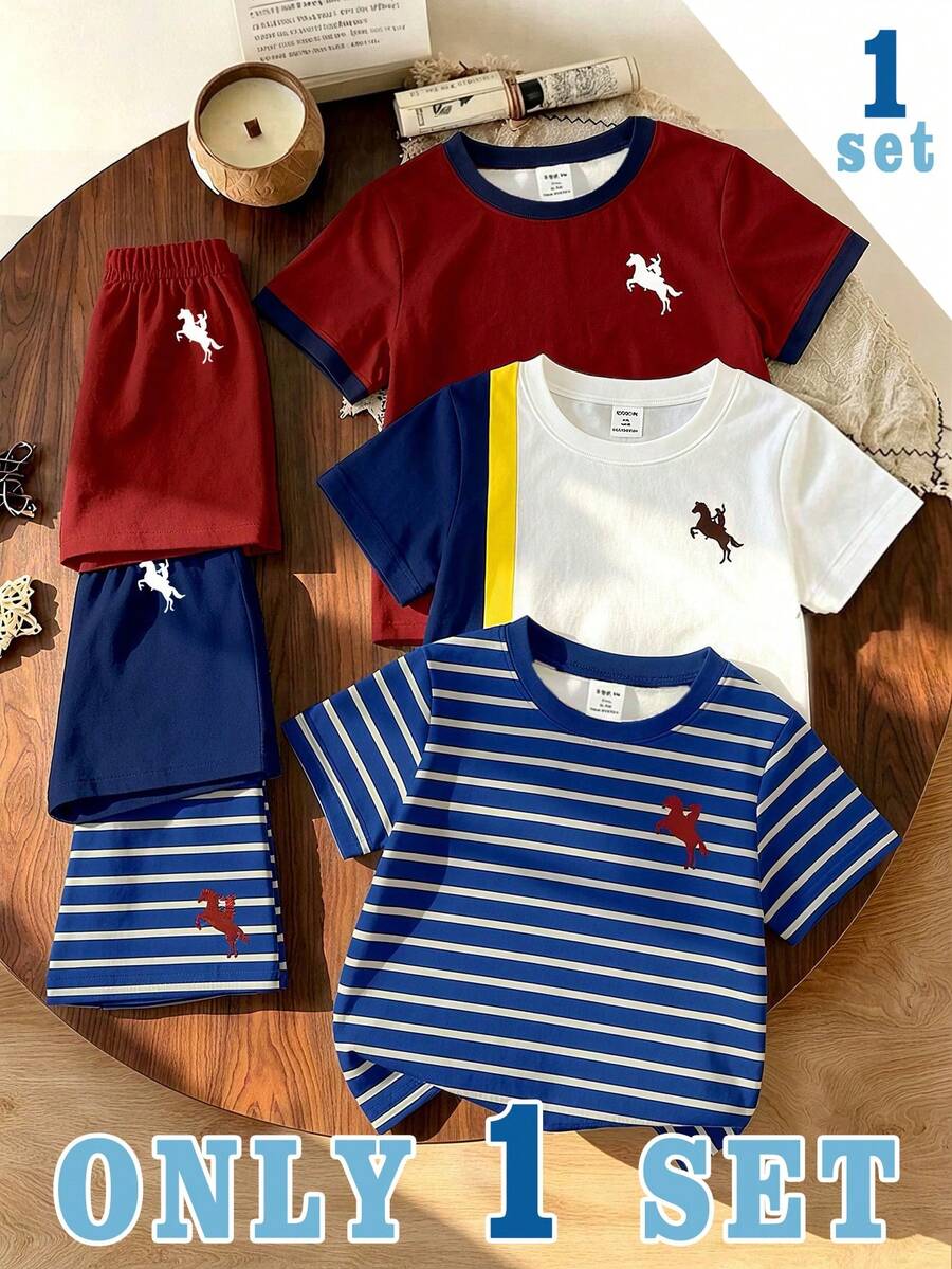 1 Random Set, Red Blue Yellow Colorblock Red Blue Yellow Kids Classic Knight Print Crew Neck Short Sleeve T-Shirt And Shorts Set - Multicolor - View 1