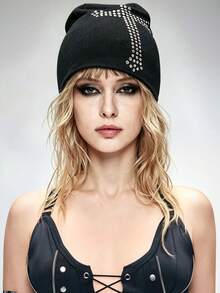 ROMWE Goth 1 Piece Punk Style Rivet Cross Cold Hat, Y2K High Quality Retro Black Hat - Black - View 2