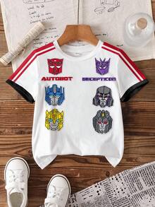 Transformers X SHEIN 小男孩字母機器人印花圓領短袖休閒T恤 - 白色 - 查看 1