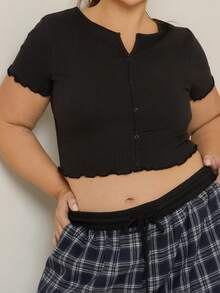 Lele Munniz Women Plus Size V-Neck Solid Color T-Shirt With Cutout Casual Black - Black - View 6